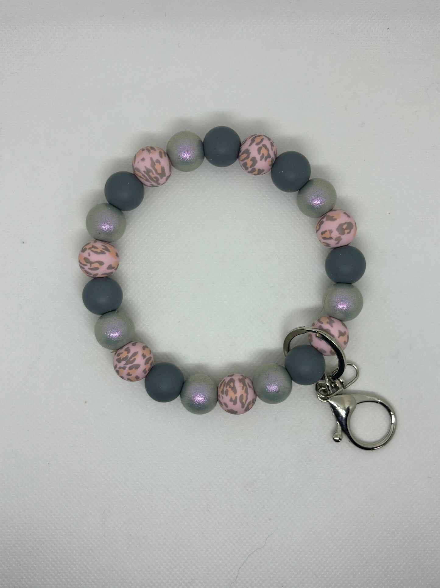 Pink Gray Leopard Silicone Beaded Wristlet