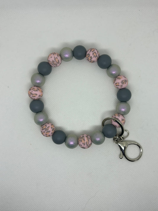 Pink Gray Leopard Silicone Beaded Wristlet