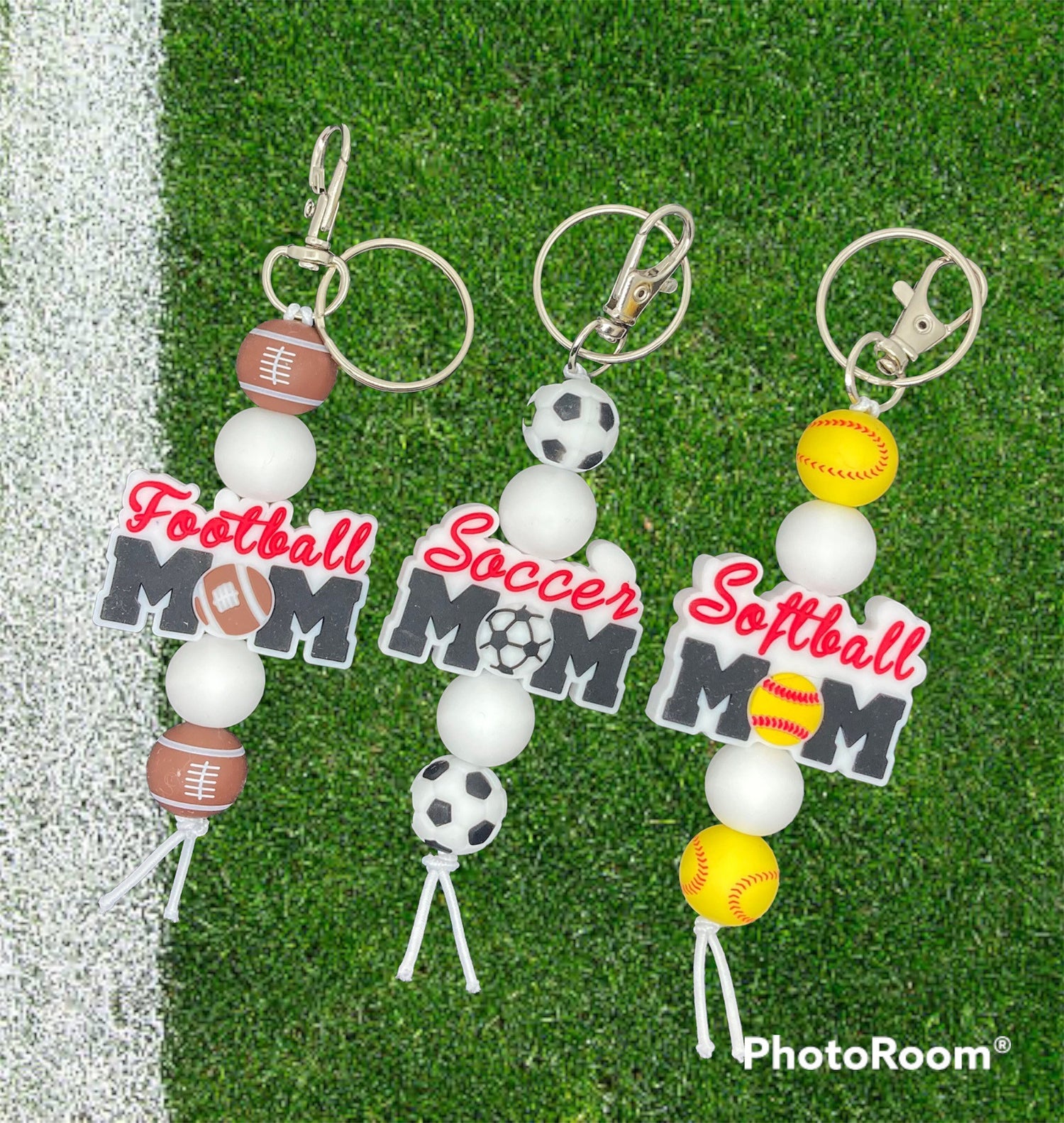 Sports mom mini keychains, sports mom silicone beaded keychain