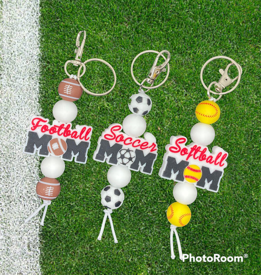 Sports mom mini keychains, sports mom silicone beaded keychain
